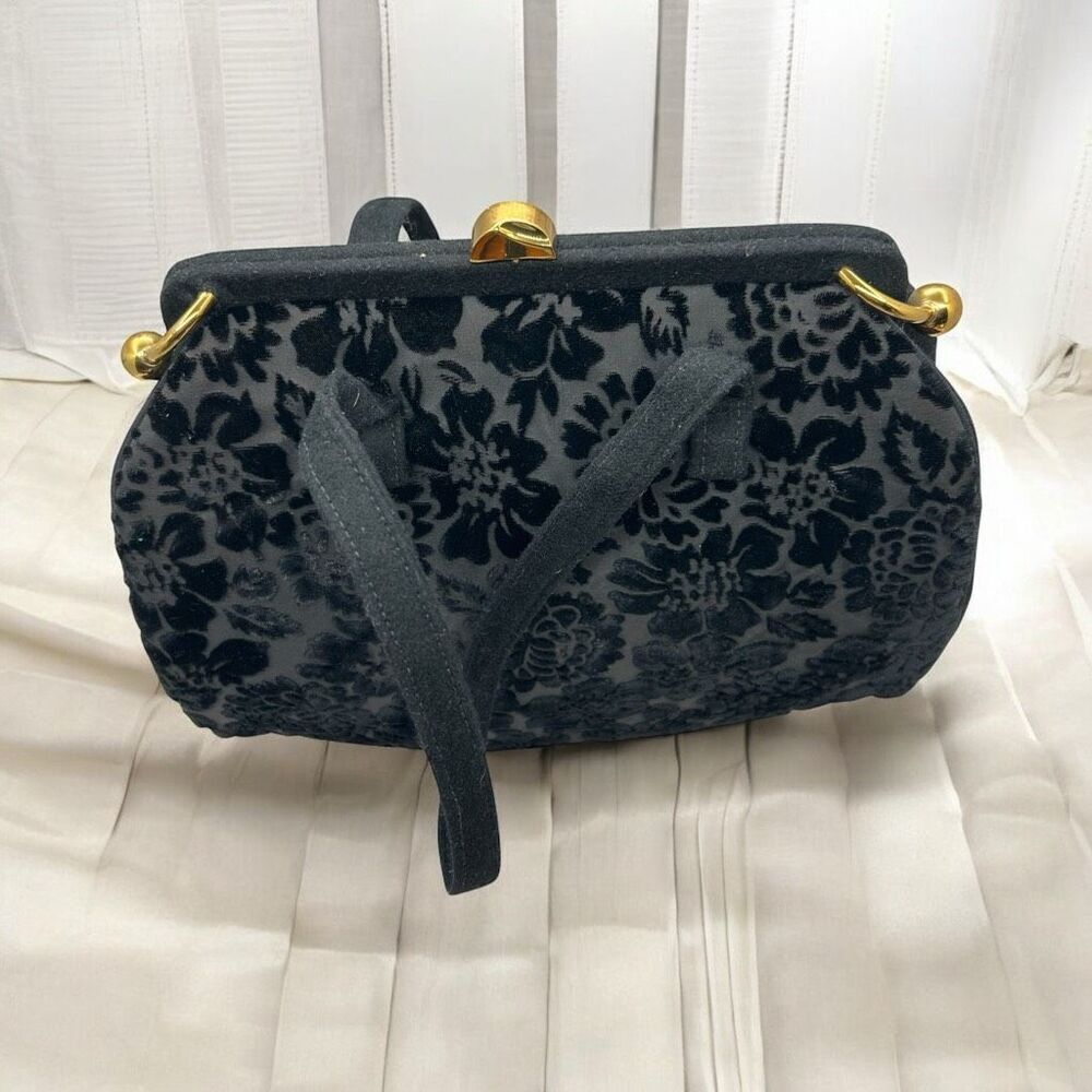 Vintage 1950s Black Flocked Velvet Handbag Alkay Inc NY Gold Frame